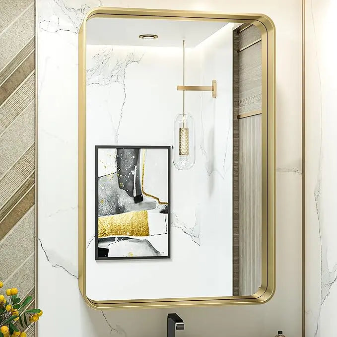 Framed Bathroom Wall Mirror with Non-Rusting Aluminum Alloy in Brushed Metal Finish – Stylish Modern Farmhouse Design for Bedroom, Living Room, or Bathroom