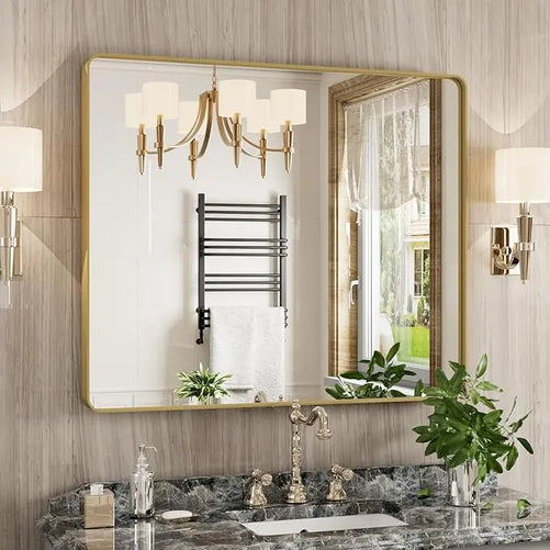 Framed Bathroom Wall Mirror with Non-Rusting Aluminum Alloy in Brushed Metal Finish – Stylish Modern Farmhouse Design for Bedroom, Living Room, or Bathroom