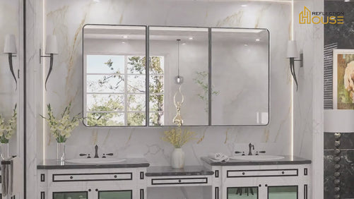 Bathroom Medicine Cabinet with Mirror, Brushed Brass Finish, Stainless Steel Frame, Stepless Adjustable Shelves, Recessed or Surface Mount
