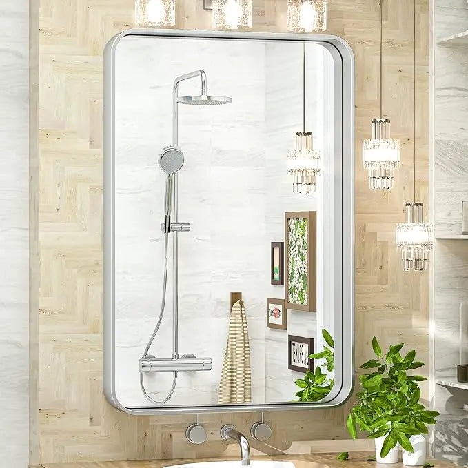 Framed Bathroom Wall Mirror with Non-Rusting Aluminum Alloy in Brushed Metal Finish – Stylish Modern Farmhouse Design for Bedroom, Living Room, or Bathroom