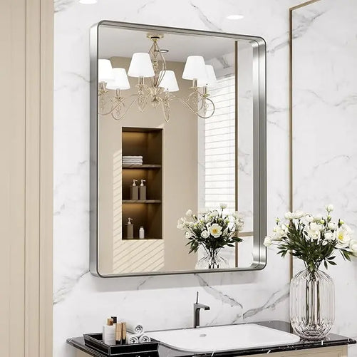 Framed Bathroom Wall Mirror with Non-Rusting Aluminum Alloy in Brushed Metal Finish – Stylish Modern Farmhouse Design for Bedroom, Living Room, or Bathroom